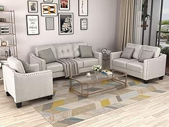 3 Pieses Mid-Century Modern Sofa Sets Linen Fabric Tufted Backrest Sofa&Couch Include 3 Seaters Couch, Loveseat and Armchair with Rivets Decor for Home Apartment Office Living Room Furniture Sets