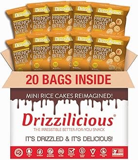 Drizzilicious Mini Flavored Rice Cakes French Toast - Rice Crisps, Healthy Snack for Adults and Kids, Vegan, Gluten Free Snack, Allergen Free, Only 90 Calories Per Bag - .74 oz (Pack of 20)