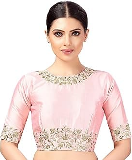 Studio ShringaarWomen's Readymade Art Silk Embroidered Saree Blouse with Elbow Length Sleeves