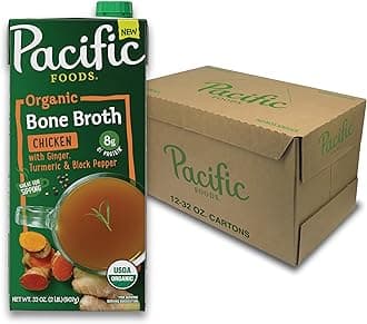 Pacific Foods Organic Chicken Bone Broth With Ginger, Turmeric, and Black Pepper, 32 oz Carton (12 Pack)