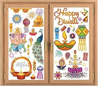 Marspark 9 Sheets Diwali Window Clings Stickers Removable Diwali Window Decals Plastic Sticker Decor Lights Party Decals Sticker for Festivals Homes Parties