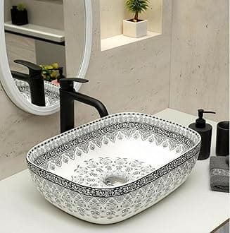 BASSINO 18x13x6 Inch Ceramic Counter Top Wash Basin/1 Year Warranty/White & Black Basin for Bathroom/Moroccan Design/Rectangular Tabletop Washbasin for Restaurant/Dining Hall/Living Room/Home(Glossy)