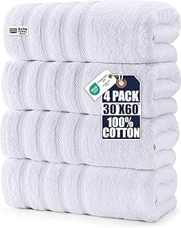 4 Pack Premium Extra Large Bath Towels Set, (30 x 60 Inches) 100% Ring Spun Cotton, Lightweight and Highly Absorbent Quick Drying Towels, Perfect for Daily Use (White)