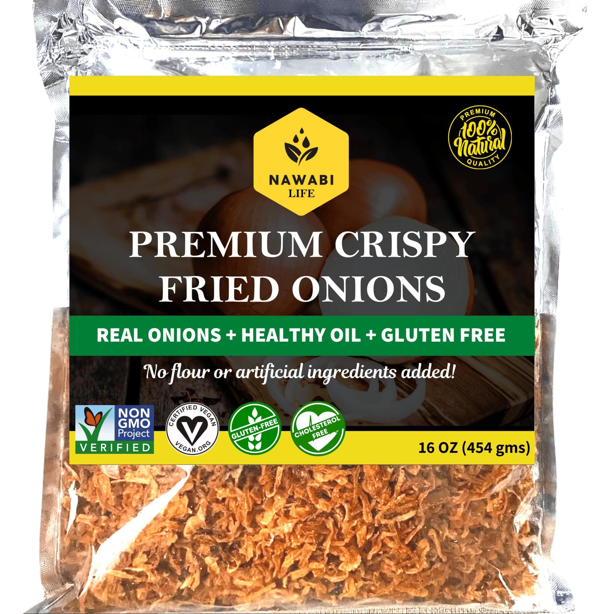 Crispy Fried Onions | 100% Natural (Non-GMO) | Gluten Free | KETO Friendly | No Sodium | Low Carb | Resealable Bag | 16 oz | By Nawabi Life