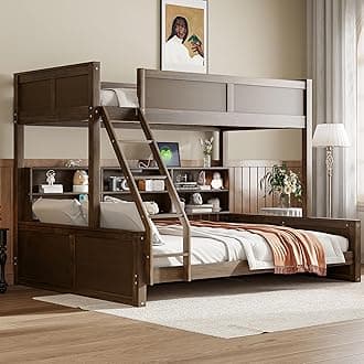 Bellemave Twin XL Over Queen Bunk Bed for Kids/Adults,Bunk Beds with Charging Station and Bookcase,Solid Wood Bunk Beds Twin XL Over Queen for Girls,Boys,Antique Wood