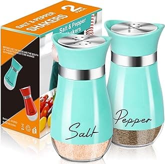 Arrozon Salt and Pepper Shakers Set,4 oz Glass Bottom Salt Pepper Shaker with Stainless Steel Lid for Kitchen Cooking Table, RV, Camp,BBQ Refillable Design (Cyan-Blue)