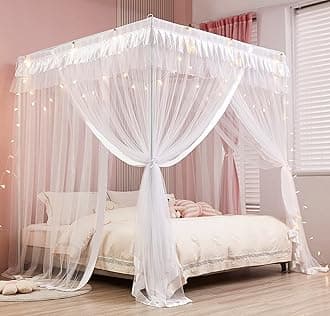 Princess 4 Corners Post Bed Curtain Canopy Mosquito Netting (White, Twin)