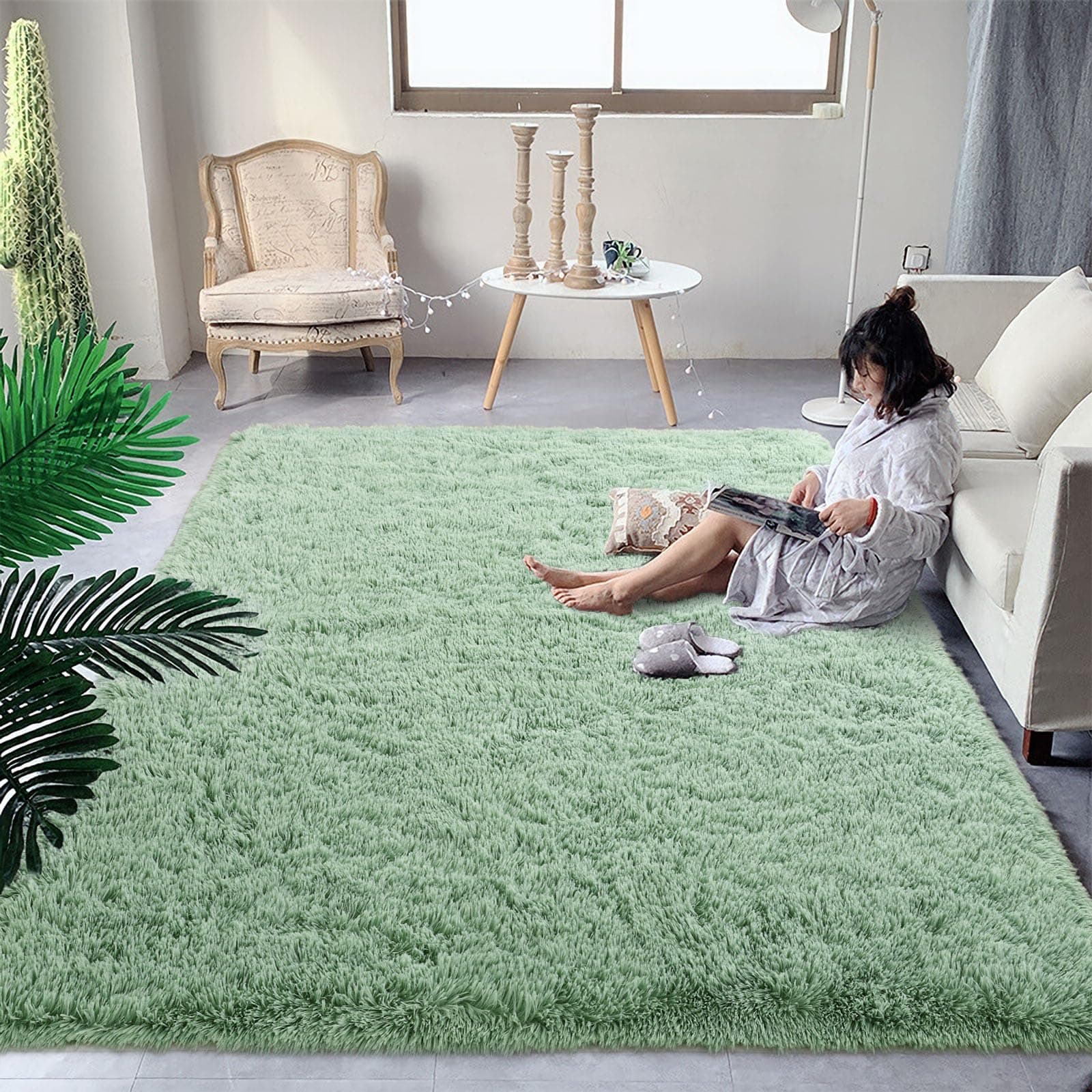 DweIke Fluffy Sage Green Rugs for Bedroom Living Room, 4x6 Feet Soft Plush Shaggy Light Mint Green Girls Boys Kids Rug, Non-Slip and Machine Washable Carpet for Dorm Nursery Classroom Decor