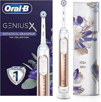 Oral-B Genius X Electric Toothbrush with Artificial Intelligence, App Connected Handle, 1 Toothbrush Head & Travel Case, 6 Mode Display with Teeth Whitening, 2 Pin UK Plug, Floral Rose Gold