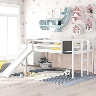 GLCHQ Multifunctional Design Solid Wood Twin Kids Loft Bed with Slide for Boys & Girls Bedroom (White with Chalkboard)