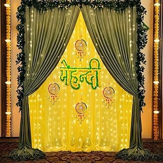 SpecialYou® Mehendi Decoration Setup, Haldi Decoration Items for Home, Haldi Backdrop Decoration Set with Yellow & Green Curtain, Haldi Mehndi Decoration Items for Marriage- 12Pcs