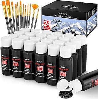 Caliart Black Acrylic Paint Set, 48 Fl Oz 1416ml with 12 Brushes, 24 Bottles(59ml, 2oz each), Professional Grade, Bulk Art Craft Paints for Artists Students Beginners, Painting Supplies Kit