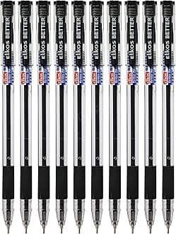 ELKOS BLACK Ballpoint Pens, 0.7mm Fine Point, Pack of 10, Better Ball Pens, Smooth Writing, Soft Grip, School Office Home Use, ZOFAX Black Ball Pen