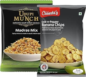 Salt N Pepper Banana Chips (350 Gm) and Udupi Munch Madras Mix (300 Gm) | Banana Wafers | Indian Namkeen | Tasty Snacks | Ready to Eat - Combo Pack