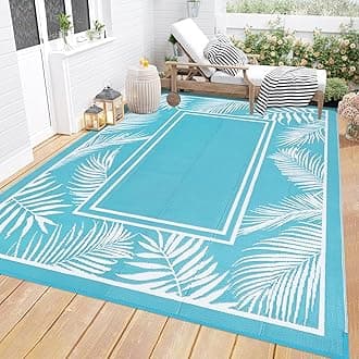 Bsmathom Waterproof Outdoor Rug 8'x10' Reversible Boho Plastic Straw Patio Deck Camping Rugs, Indoor Outdoor Portable RV Mat Clearance Carpet for Outside, Porch, Balcony, Backyard, Beach, Pool,Teal