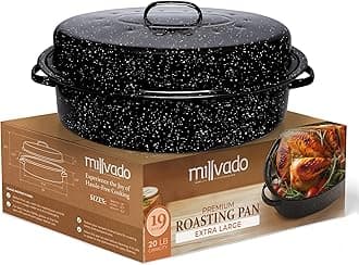 Roasting Pan With Lid, Thanksgiving Turkey Roaster Pan, Extra Large 20 lb Capacity, 19" Granite Oven Roaster Oval Shaped Speckled Enamel on Steel Cookware,for Roasting Turkey, Chicken, Lamb
