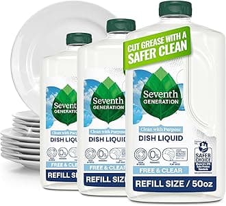 Seventh Generation Dish Soap Refill, Free & Clear, 50 fl oz, 3 Pack, Plant-Based Dishwashing Liquid for Grease & Tough Food Messes, For Sensitive Skin