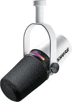 Shure MV7+ Podcast Dynamic Microphone – OBS Certified, Enhanced Audio, LED Panel, USB-C & XLR Outputs, Auto Level Mode, Digital Pop Filter, Reverb Effects – For Podcasting, Streaming, Recording, White