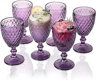 Argyle Collection Goblet Glasses 10 oz. set of 6 from 1500Ã‚° C TABLETOP Purple Colored Water Goblets Vintage Embossed with Diamond Pattern for Wine Iced Tea Beverage for Party and Wedding