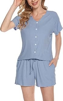 VlazomWomen Pyjamas Set, Button Down Pj's Sets Soft Lounge Sets Chic 2 Piece Top and Shorts for Loungewear Sleepwear