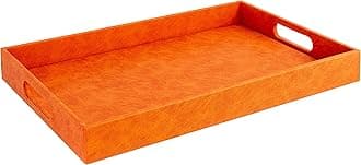 Home Redefined Beautiful Modern Elegant 17.5"x12" Rectangle Orange Faux Leather Decorative Tray Ottoman Coffee Table Perfume Living Room Kitchen Serving Tray with Handles for All Occasion's