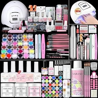 Saviland Acrylic Nail Kit for Beginners: Keratin Acrylic Powder Castor Oil Vitamin E Gel Nail Polish Primer 180W Nail Lamp Nail Drill Full Tools Everything Home Starters