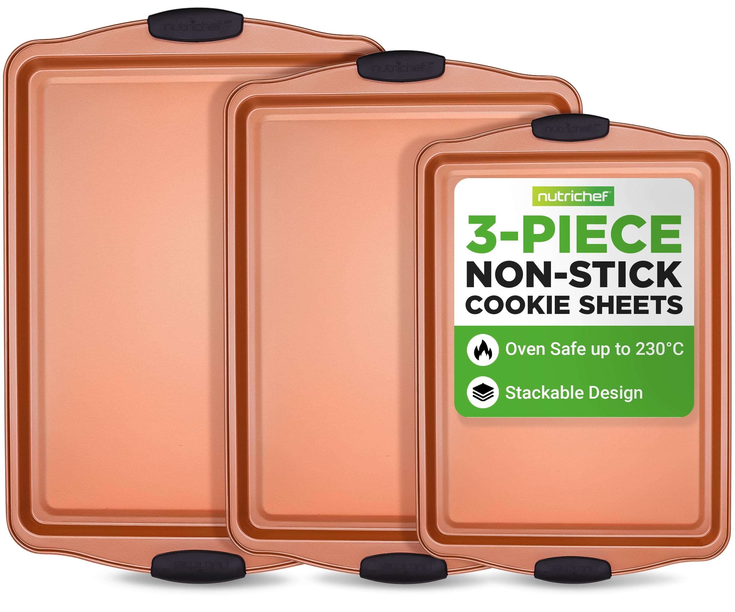 Non-Stick Baking Tray Set 3-Piece, Stackable Carbon Steel Oven Trays, Cookie Sheet, Copper Bakeware with Black Silicone Handles, Space-Saving Kitchen Pans