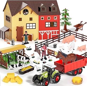 Pupu Pig Farm Animals Barn House Toys - Kids Tractor Toy with Lights & Sound, Horse Stable, Cowshed, Chicken Fence, Animal, Farm Accessories, Easter Birthday Gifts for Boys Toddlers Ages 3+