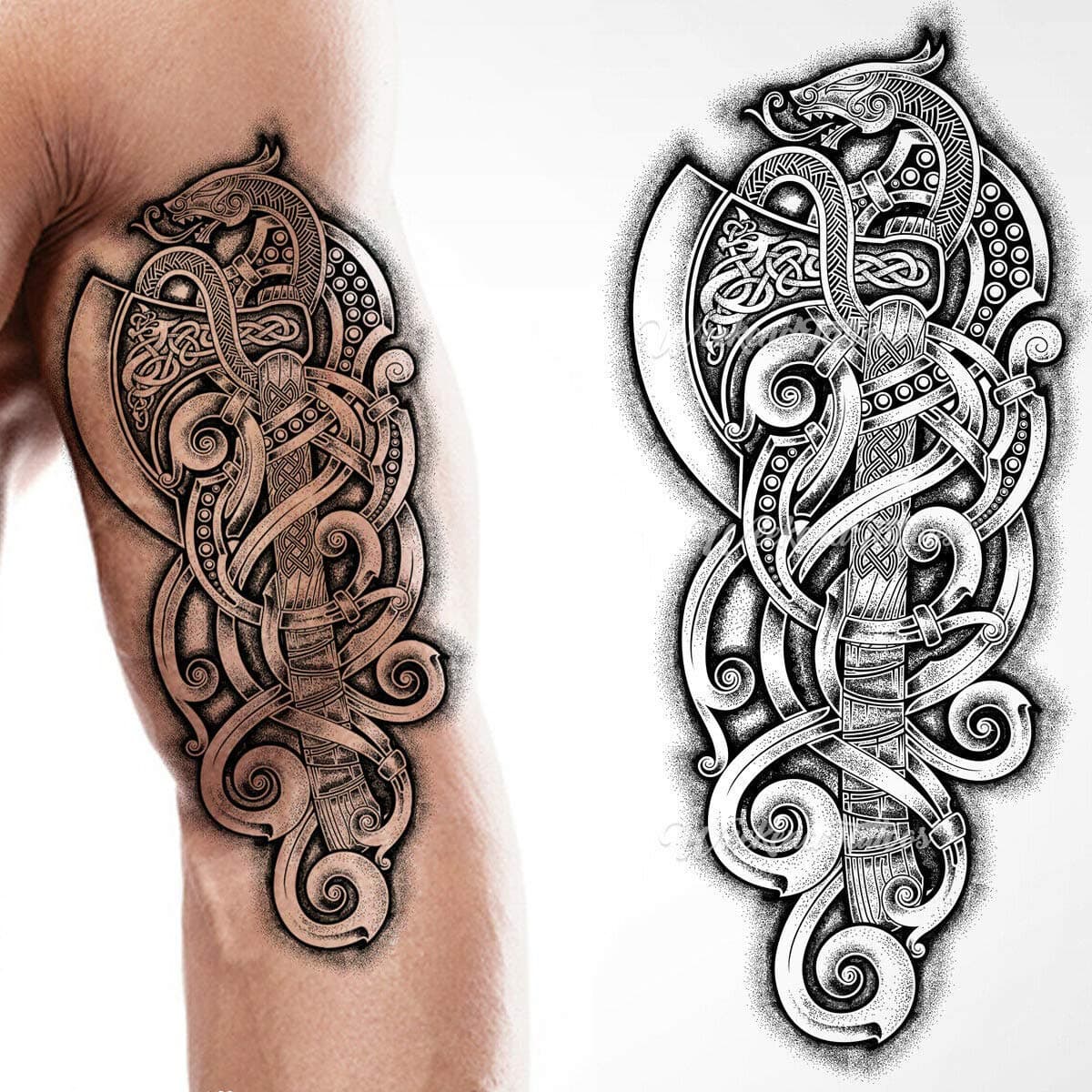 Viking Temporary tattoo axe dragon nordic noose rune tribal barbarian celtic warrior on body art sticker transfer kids adults half arm medievil fancy sticker dress costume accessories