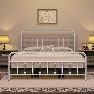 King Size Victorian Style Metal Bed Frame with Headboard/Mattress Foundation/No Box Spring Needed/Under Bed Storage/Strong Slat Support White