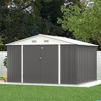 Patiowell 10 x 10 FT Outdoor Storage Shed, Large Metal Steel Utility Tool Shed Storage House with Lockable Door, Garden Tool Shed for Backyard Garden Patio Lawn, Grey