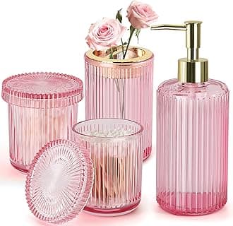 Pink Bathroom Accessories Set, Pink Bathroom Decor Accessory Sets Complete, 4 Pack Ribbed Grils Soap Dispenser and Toothbrush Holder Set with 2 Qtip Holders, Girly Bath Counter Essentials