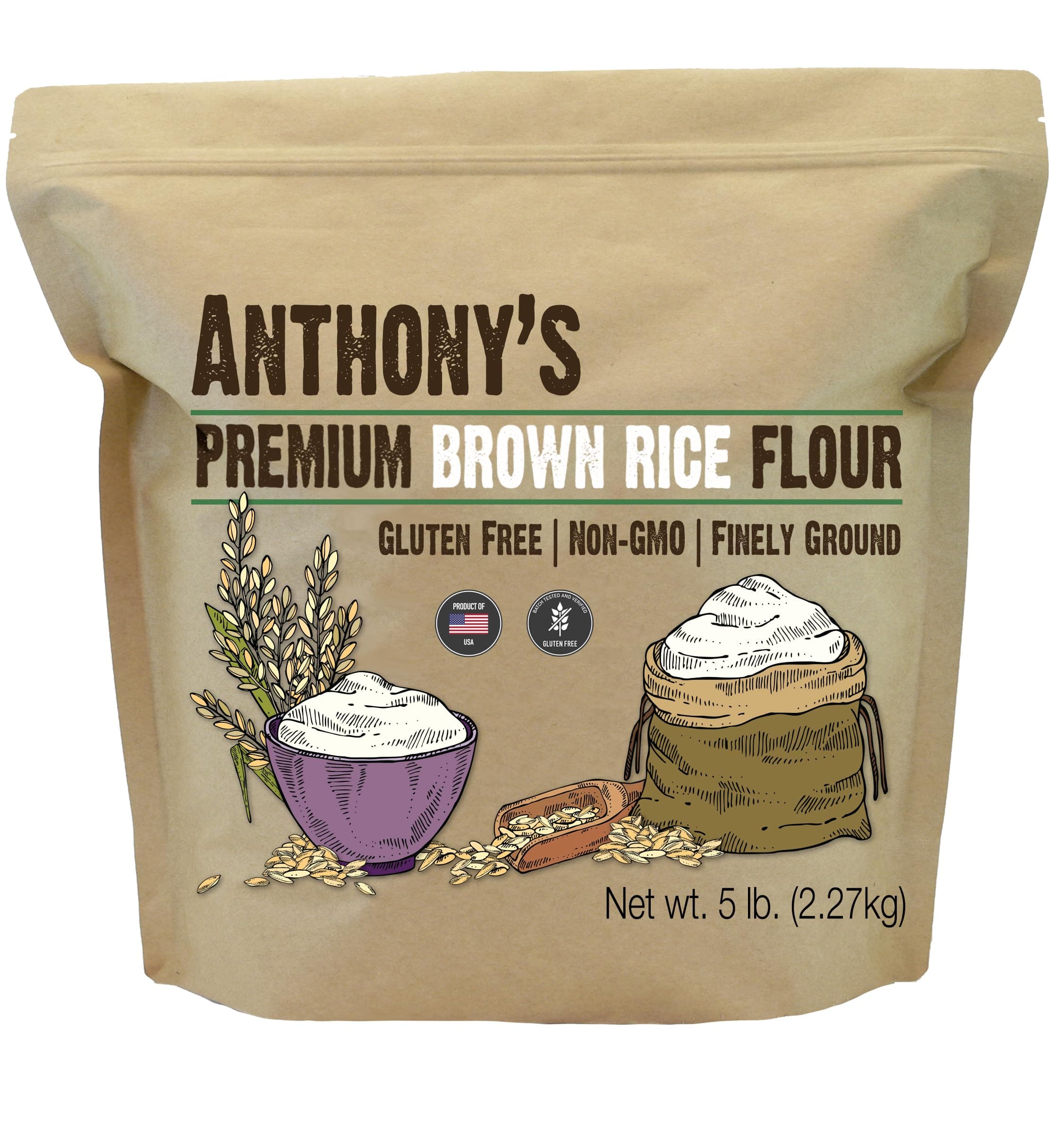 Anthony's Brown Rice Flour, 5 lb, Gluten Free, Non GMO, Product of USA, Vegan