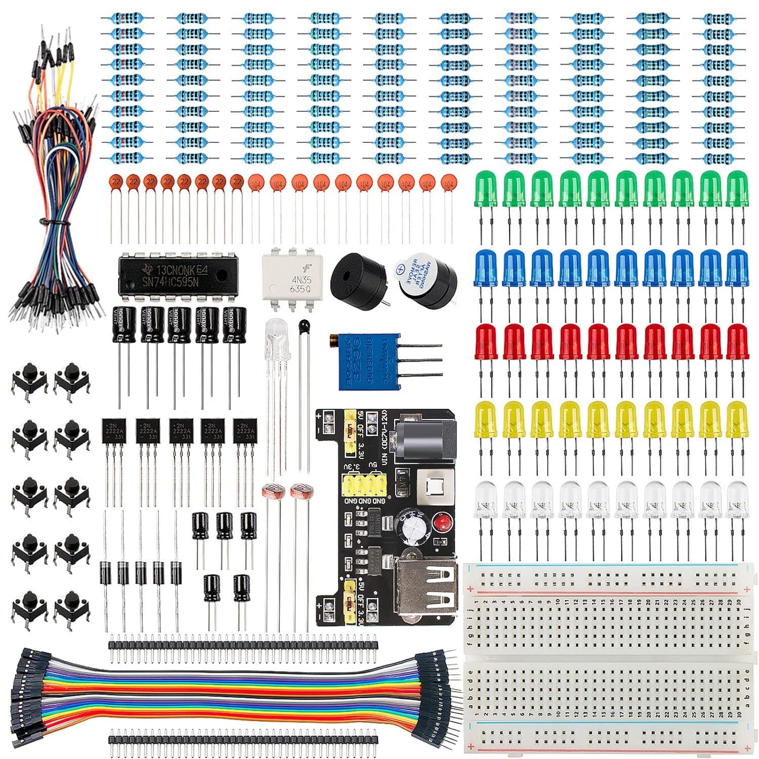 Basic Starter Kit with Breadboard,Power Supply,Jumper Wires,Resistors,LED for Arduino UNO R3,Mega2560,Nano,Raspberry Pi