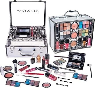SHANY Carry All Trunk Makeup Train Case with Re-usable Aluminum Beauty Storage Organizer Case. Make up Set with Eye palettes, Blushes,Face Powders, Manicure, Pedicure and Cosmetics Brushes. GIFT SET