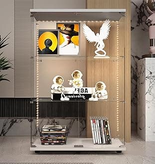 Modern Glass Display Cabinet 3-Shelf with LED Light and Lock, 2 Door Curio Cabinets,Tempered Glass Collection Display Showcase for Living Room Home Office,30.9x13.5x49 H,White
