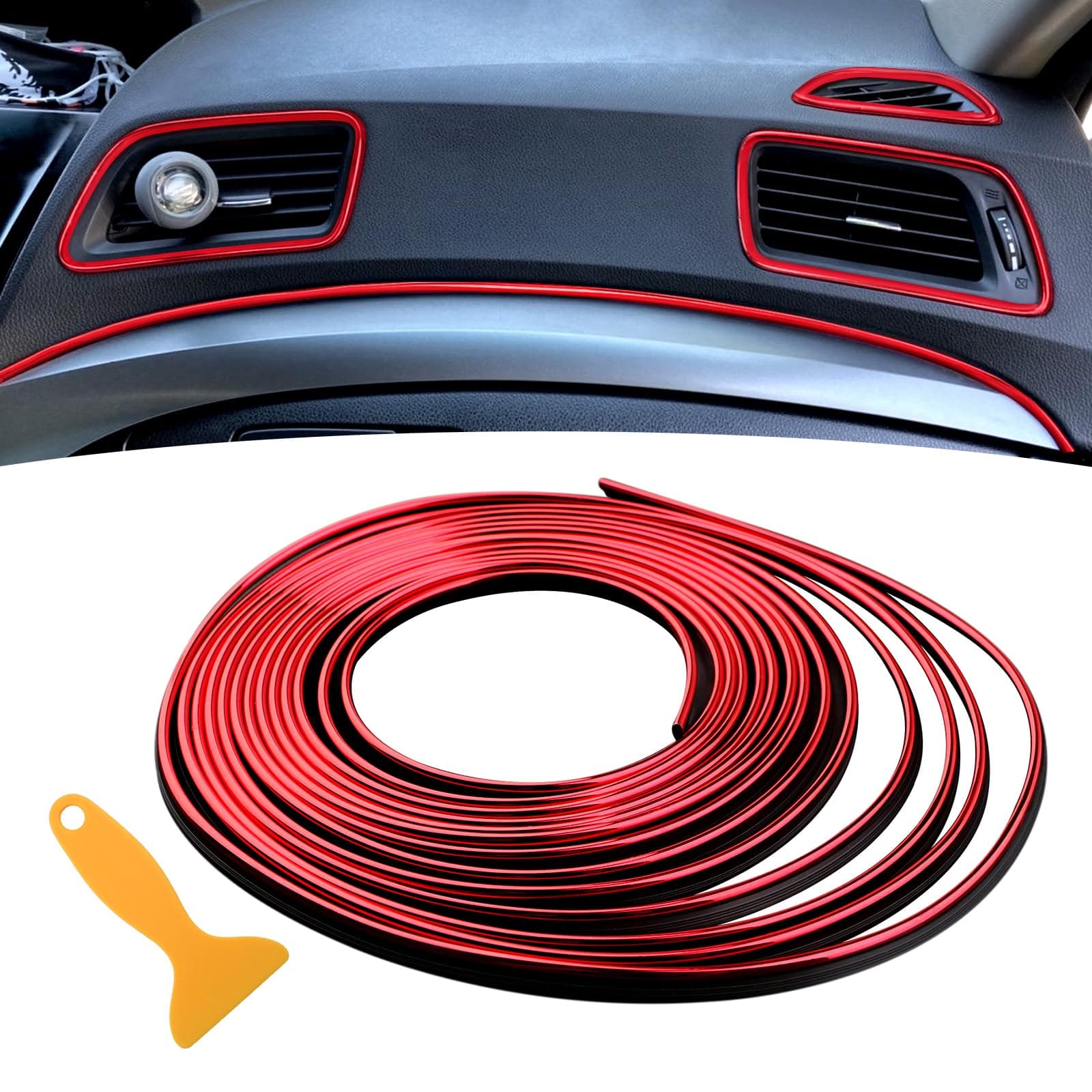 Car Interior Trim Strips-16.4ft/5M Universal Car Gap Fillers Automobile Moulding Line Decorative Accessories DIY Flexible Strip Garnish Accessory with Installing Tool (Red)