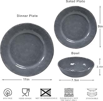 ZAROCRUS 12 Pcs Vintage Melamine Dinnerware Sets, Durable Set Of 4 Plates and Bowls Set, Lightweight Dishes Dinnerware Sets for Indoor and Outdoor Use, BPA Free,Cool Gray