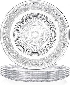 Elsjoy 6 Pack 10 Inch Large Glass Dinner Plate, Clear Round Serving Plate Vintage Embossed Dinnerware for Salad, Pasta, Fruits