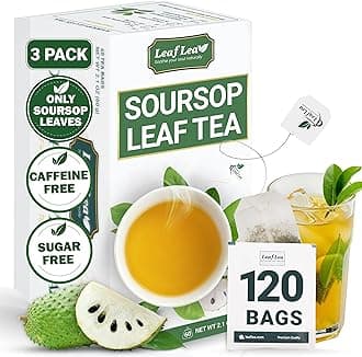 LeafLea 120 Soursop Tea Bags, from 100% Natural Pure Soursop Graviola Leaves, Improve Digestion, Support Healthy Skin & Sleep, Herbal Tea Caffeine-free, Hojas De Guanabana Tea, Non-GMO, Pack of 3