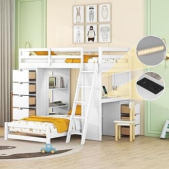 Twin Over Twin Multifunctional Bunk Bed with Storage & Desk, LED Light & USB Ports, White, Pine Wood