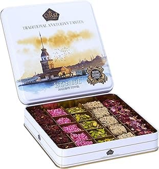 Cerez Pazari Turkish Delight In 4 Flavours, With Pistachio, Hazelnut & Walnut, Assorted Gourmet Lokum In Elegant Tin Gift Box, Sweet Traditional Soft Candy Dessert 25 Pcs, 1.1 lb (500g)