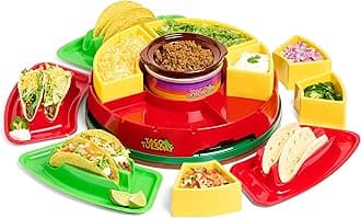 Nostalgia Taco Tuesday Heated Lazy Susan Taco Bar Serving Set for a Party with 4 Tortilla Holders, Fondue Pot for Burritos, Nachos, and Fajitas - 20 Oz. - Red
