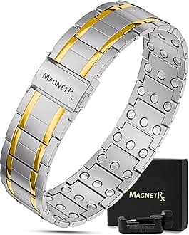 MagnetRX® 3X Strength Magnetic Bracelets for Men – Effective Titanium Magnetic Bracelet Men – Premium Fold–over Clasp & Adjustable Length with Sizing Tool & Gift Box (Silver/Gold)