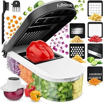 Fullstar Kitchen Mandoline Slicer - Vegetable Chopper Onion Potato Food Vegetable Fruit Slicer and Cutter with Container, Kitchen Gadgets & Gift Home Essentials (6 in 1, White/Black)