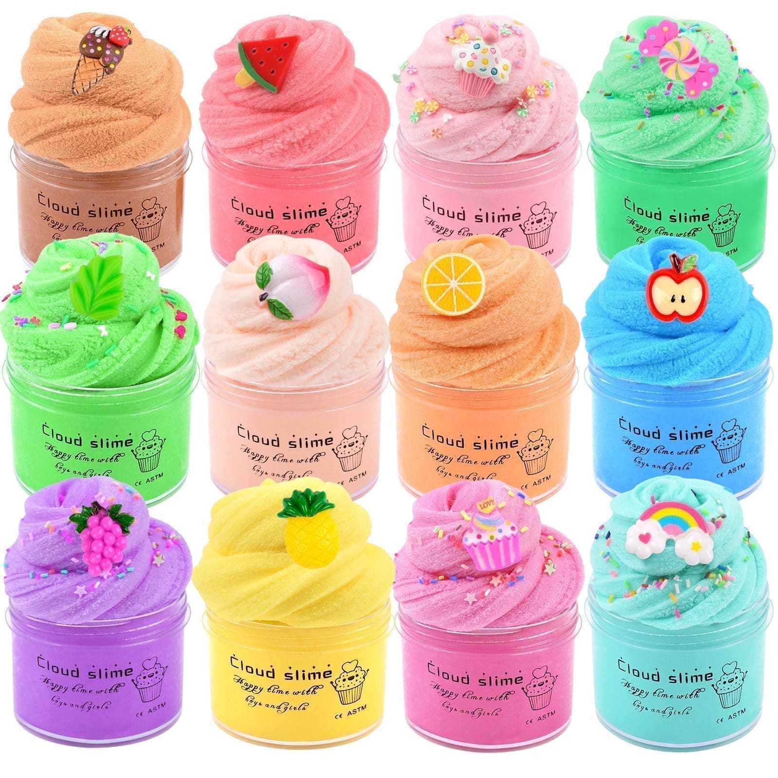 12 Pack Cloud Making Slime Kit, with Rainbow Cake Watermelon Grapes Butter Slimes Charms, Slime for Girls and Boys, Stress Relief Toy for Kids Education, Party Favor, Gift and Birthday