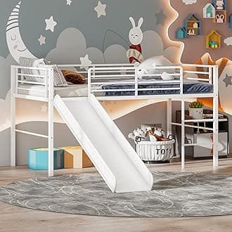 Twin Loft Bed with Slide, Metal Low Bunk Bed w/Safety Guardrails & Built-in Ladder, Toddler Bed Floor Frame for Boys & Girls, No Box Spring Needed (White)
