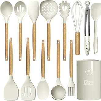 oannao Silicone Cooking Utensils Set - 446°F Heat Resistant Silicone Kitchen Utensils for Cooking,Kitchen Utensil Spatula Set w Wooden Handles, BPA FREE Gadgets for Non-Stick Cookware (Khaki)