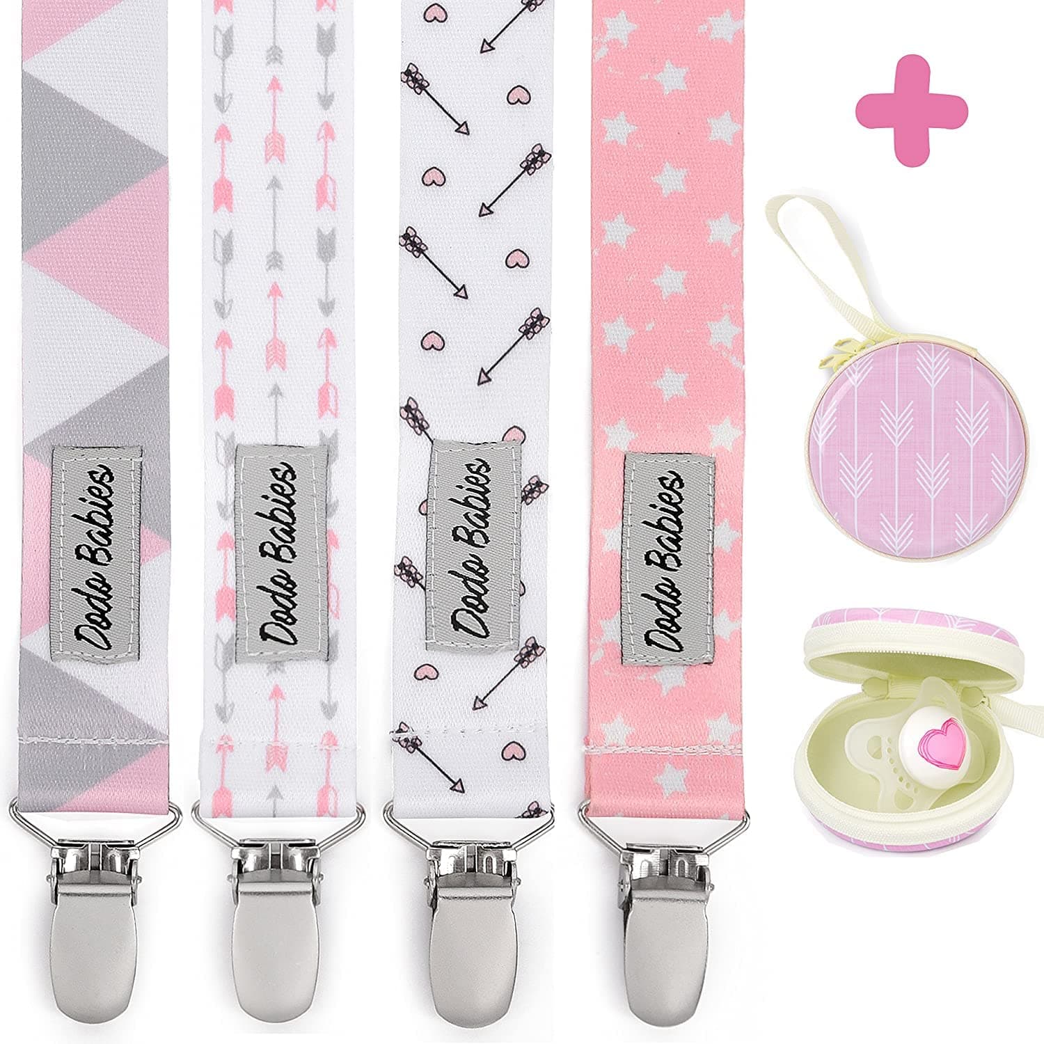 Dodo Babies Pacifier Clip & Case Set - Universal Holder Loop & Pacifier Holder - Secure Binkie Clip for Bibs & Car Seat - Durable Water-Resistant Straps for Baby Essentials - 5-Piece Set, Pink & Gray