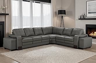 Lovesofas Large 6 Seater Luxury Genuine Leather Grey Corner L-Shaped Sectional Sofa with 2 Ottomans – Solid Wood Frame Real Cow Hide Leather Modern Family Living Room Couch, 300 x 244 Cm Size
